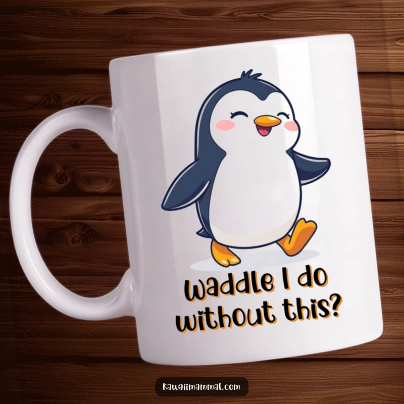 Funny mug featuring a joyous penguin waddling with a strong, determined stride, embodying cheerful persistence and motivation.
