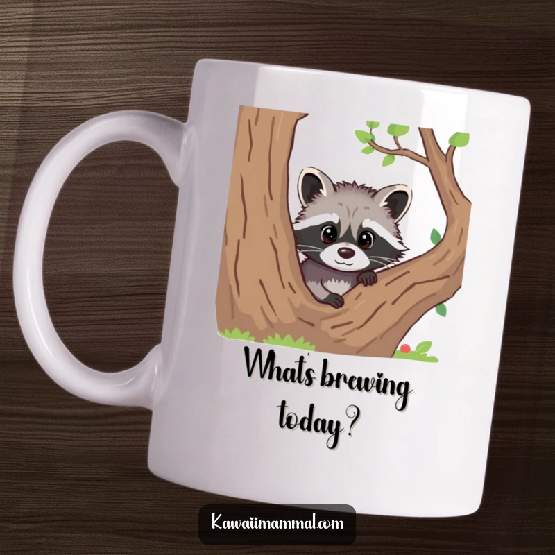 Funny coffee mug showing a curious raccoon character playfully peeking out from behind a tree trunk.