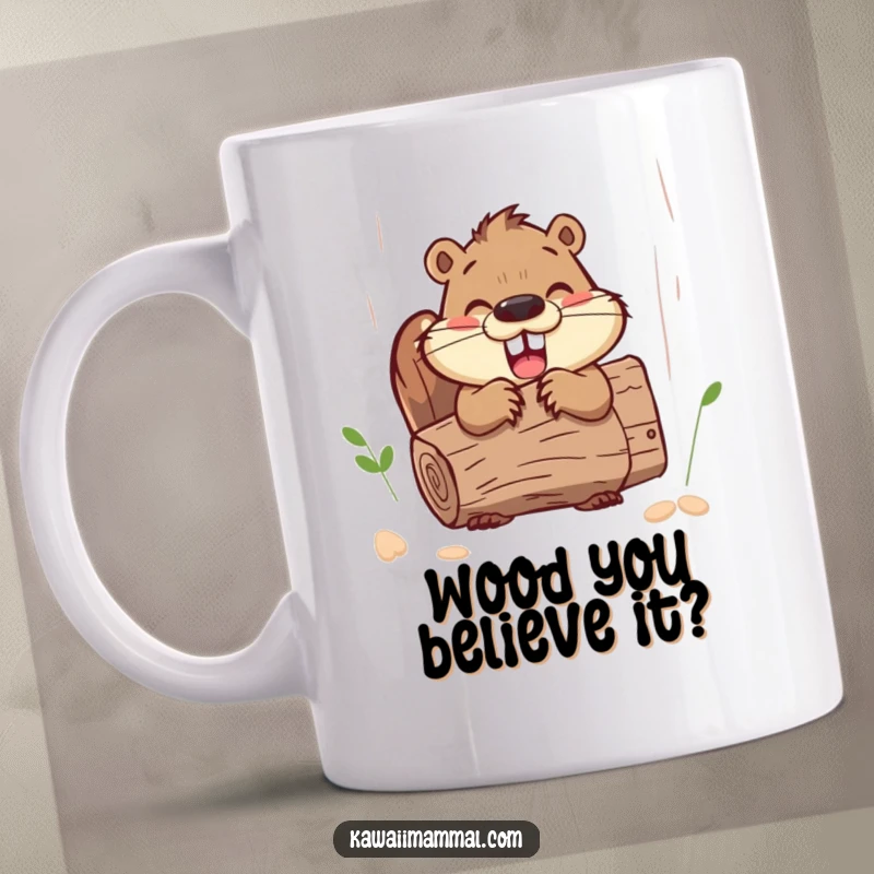 Funny happy beaver character enthusiastically gnawing on a large log, a joyful and humorous mug design.