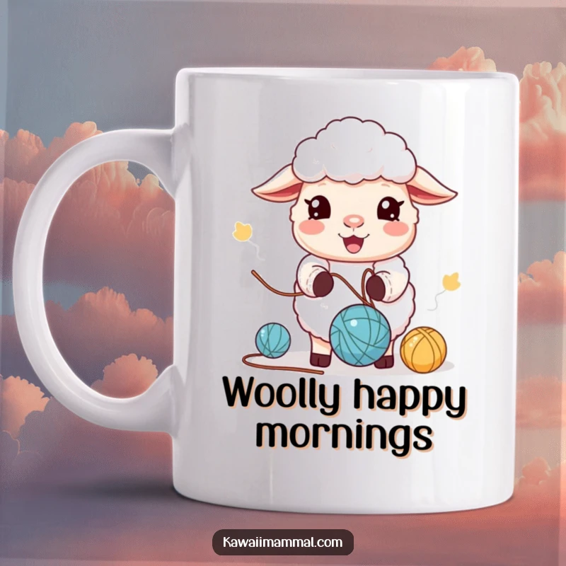 Funny Mug: A cute kawaii sheep happily juggling yarn balls. Perfect for knitters or a humorous funny gift.