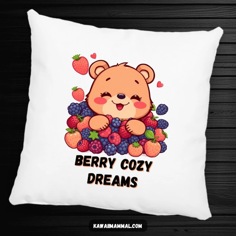 Funny pillow featuring a happy bear character blissfully resting on a giant, delightful pile of ripe, juicy berries.