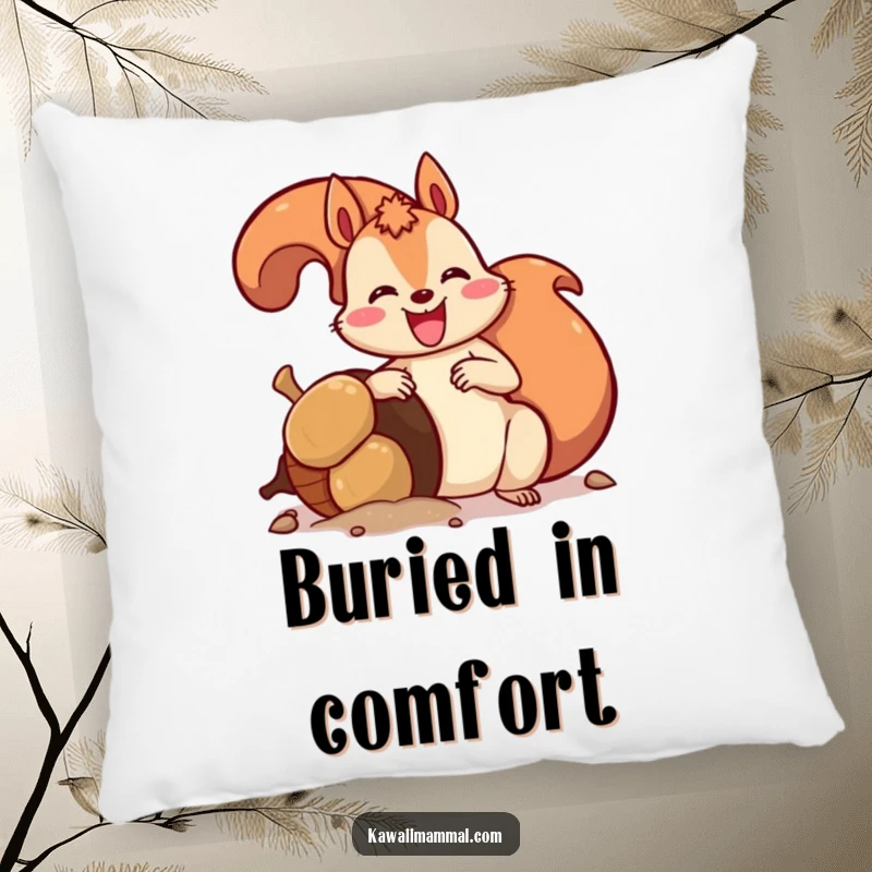 Funny pillow featuring a happy squirrel burying a giant acorn, offering comfort and a humorous splash of enthusiastic hoarding.