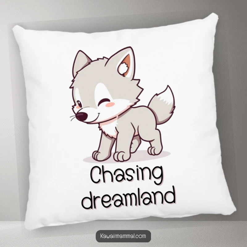 Funny Wolf Pup Pillow: Soft kawaii pup playfully spinning in a tail-chasing loop, bringing humorous comfort.