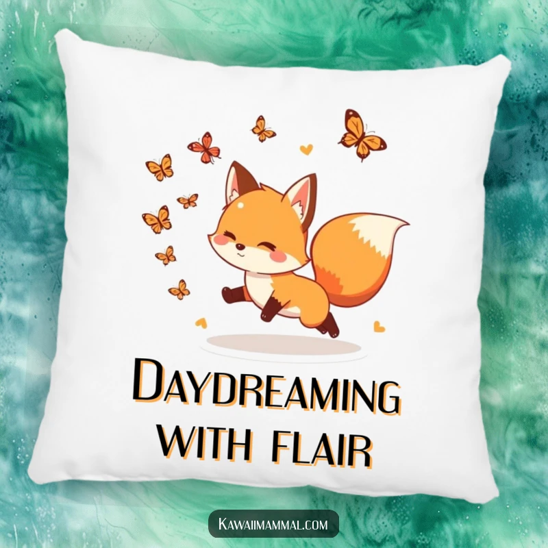 Funny Pillow: A plush pillow featuring a playful fox with a bushy tail chasing butterflies, perfect for cozy and whimsical relaxation.