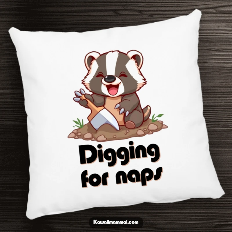 Funny Badger Pillow showcasing a delighted badger character happily digging with oversized claws, perfect for adding a touch of nature and humor.