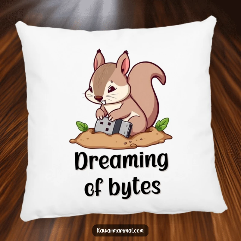 Funny pillow showing a determined squirrel character hiding a USB drive amongst its nuts, representing digital security.