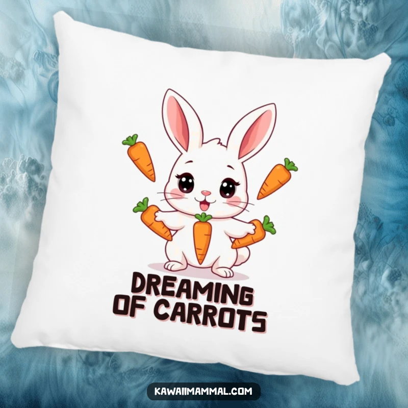 Funny, soft pillow featuring a Kawaii rabbit attempting to juggle three carrots, providing comfort and humorous, rabbit-themed coziness.
