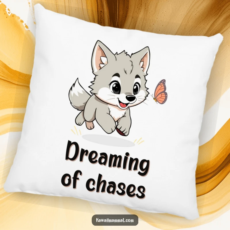 Funny decorative pillow showing an energetic wolf puppy joyfully chasing a fluttering butterfly.