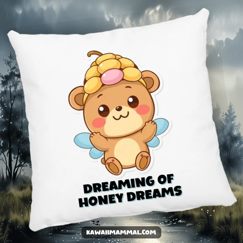 Funny Pillow: A plush pillow featuring a happy bear with innocent eyes attempting to wear a beehive, perfect for comfort and laughs.