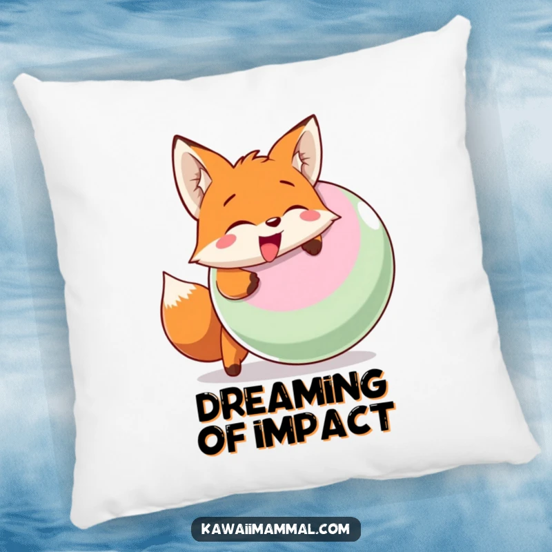 Funny pillow with a smiling fox character enthusiastically head-butting a large inflatable ball, radiating joy.