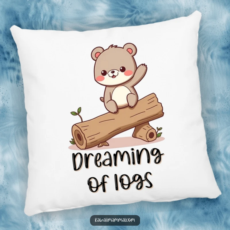 Funny pillow with a curious bear character precariously balancing on a wobbling log, looking excited and ready for anything.