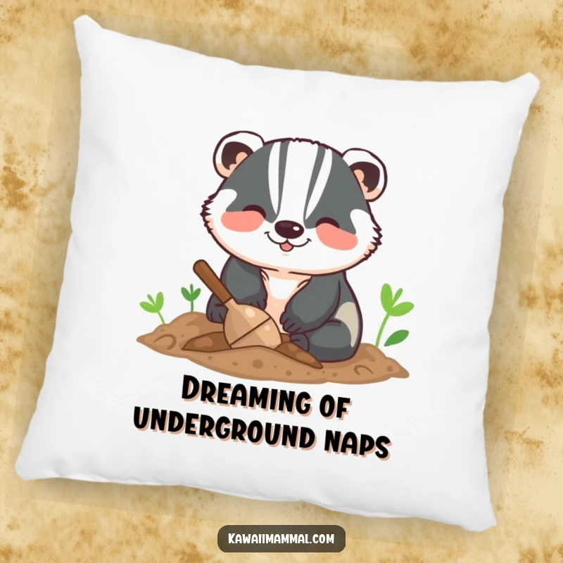 Funny pillow featuring a smiling badger digging with enthusiasm, offering a cozy and humorous accent for any seating area.