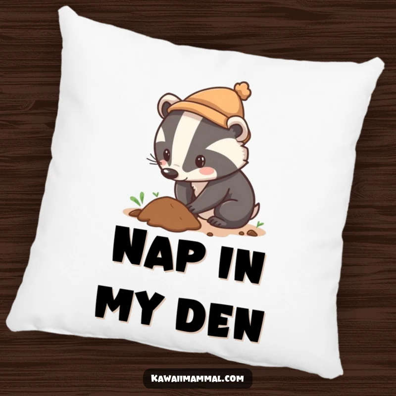 Funny pillow featuring a curious badger wearing a tiny hat, digging with great determination, offering comfort and a humorous splash of ambition.