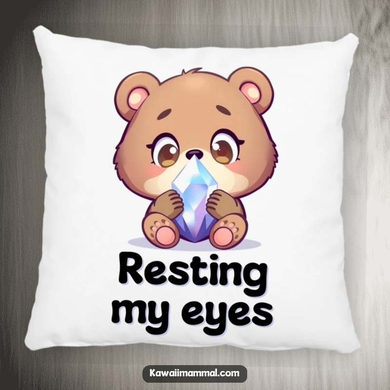 Funny bear cub pillow featuring a focused character examining a shimmering crystal with wide, wondering eyes, offering cozy comfort and a sense of gentle wonder.