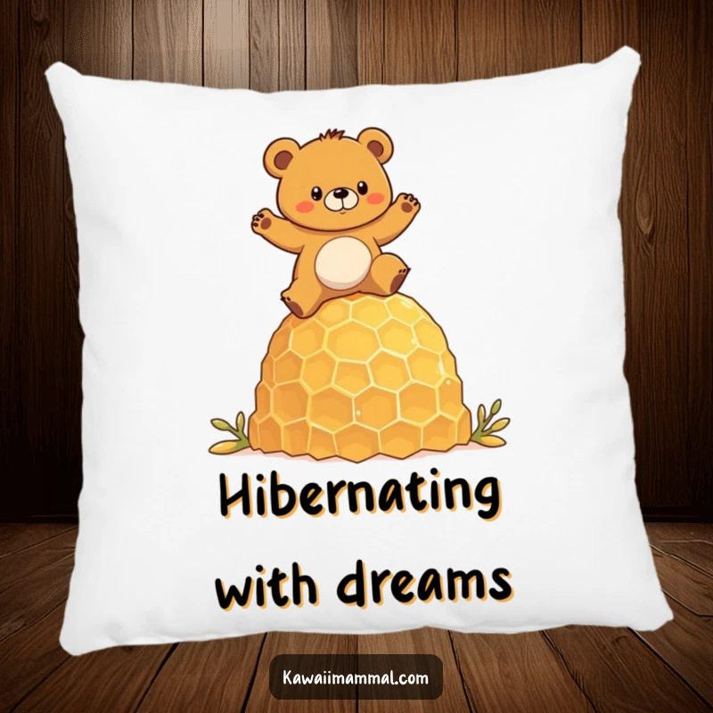 Funny pillow showcasing a determined bear character humorously balancing on a giant honeycomb, offering comfort and woodland flair.