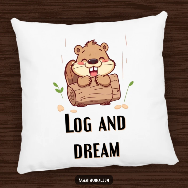 Cute and funny beaver character, happily gnawing a log, on a soft and humorous pillow.