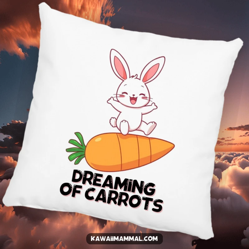 Funny pillow with a grinning bunny character triumphantly leaping over a huge carrot, radiating happiness.