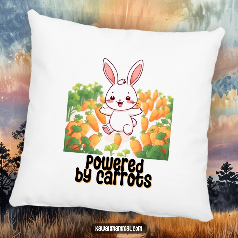 Funny rabbit pillow featuring a cheerful character hopping through a field of glowing carrots, offering soft comfort and whimsical vibes.