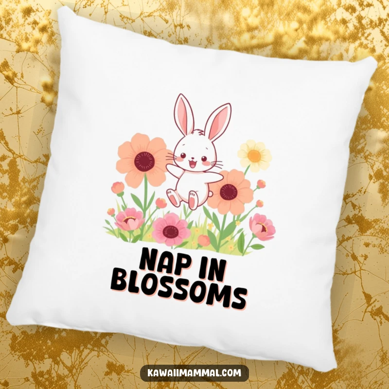 Funny, soft pillow depicting a kawaii bunny hopping through giant flowers, offering cozy comfort and floral delight.