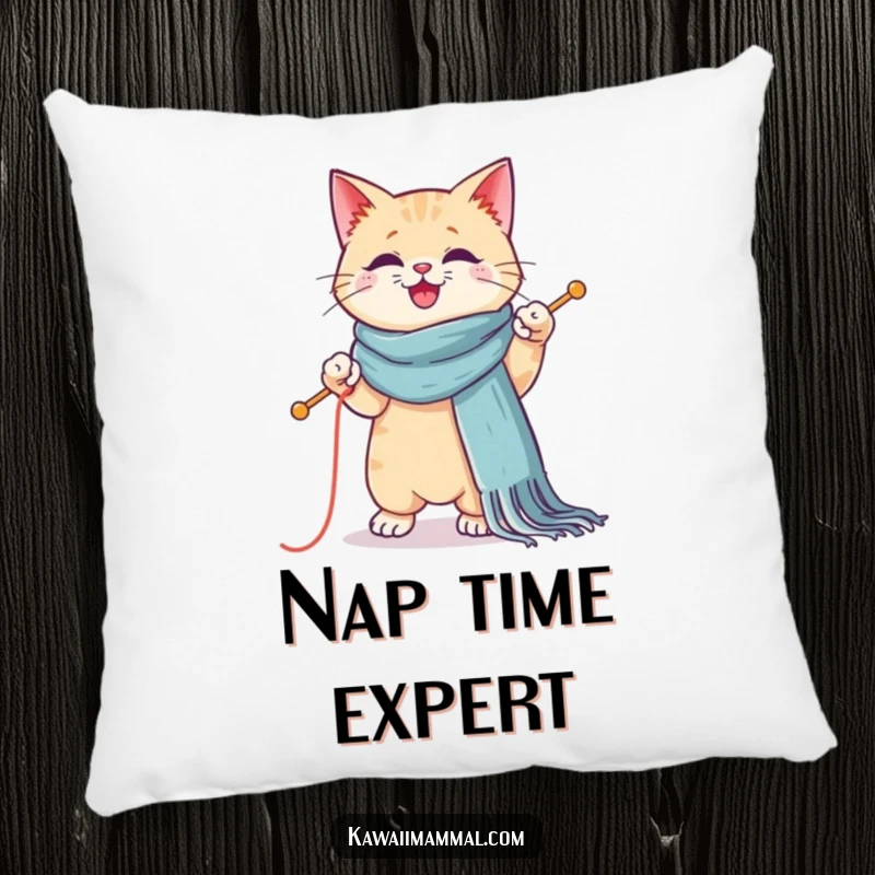 Funny, soft pillow with a Kawaii cat balancing on one paw, knitting a huge scarf, perfect for cozying up with humor.