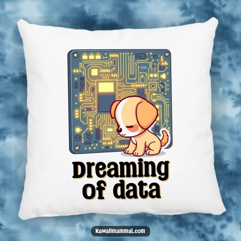 Funny pillow showcasing a cute, inquisitive puppy character examining a bright, illuminated circuit board, perfect for a tech-themed room.