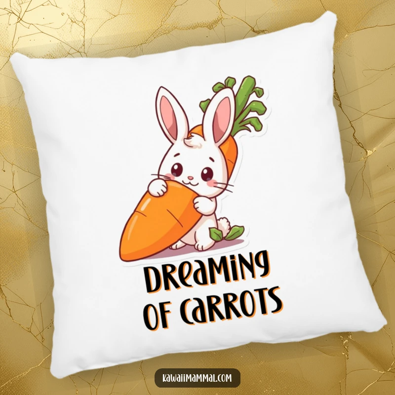 Funny rabbit peeking from behind a large carrot, designed on a soft pillow for cute, humorous decor.