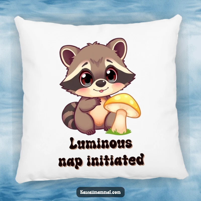 Funny Pillow: A plush pillow featuring a curious raccoon with bright eyes examining a glowing mushroom, perfect for magical slumber.