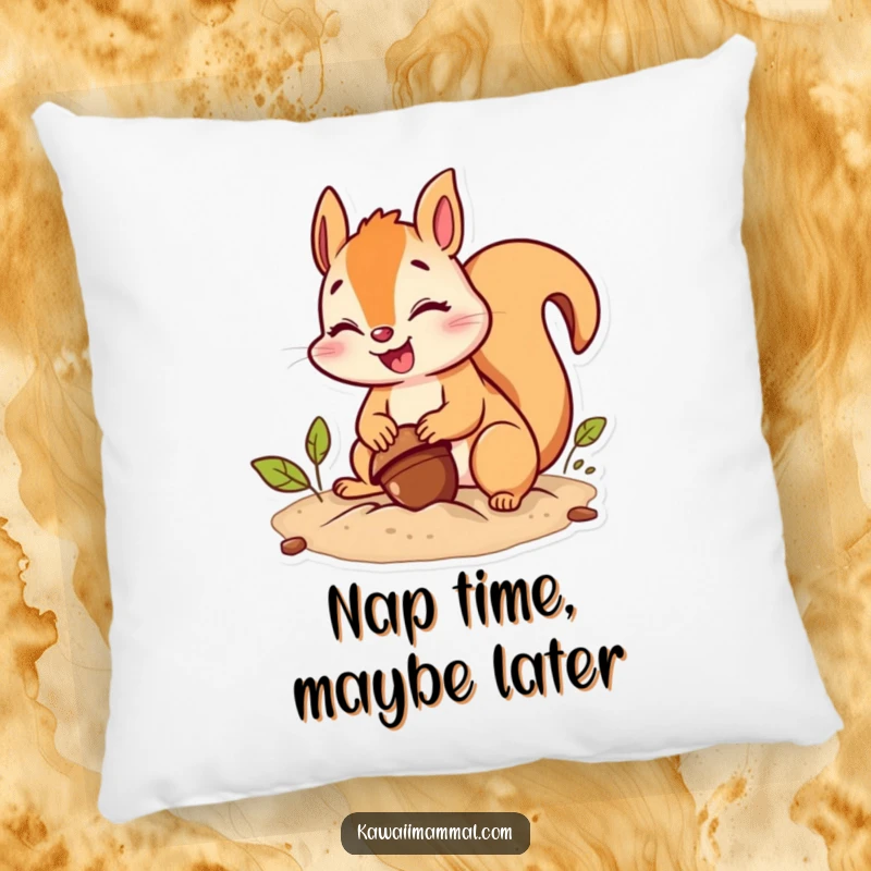Funny squirrel pillow with a giggling character putting great effort into burying an acorn, offering soft, humorous decor.