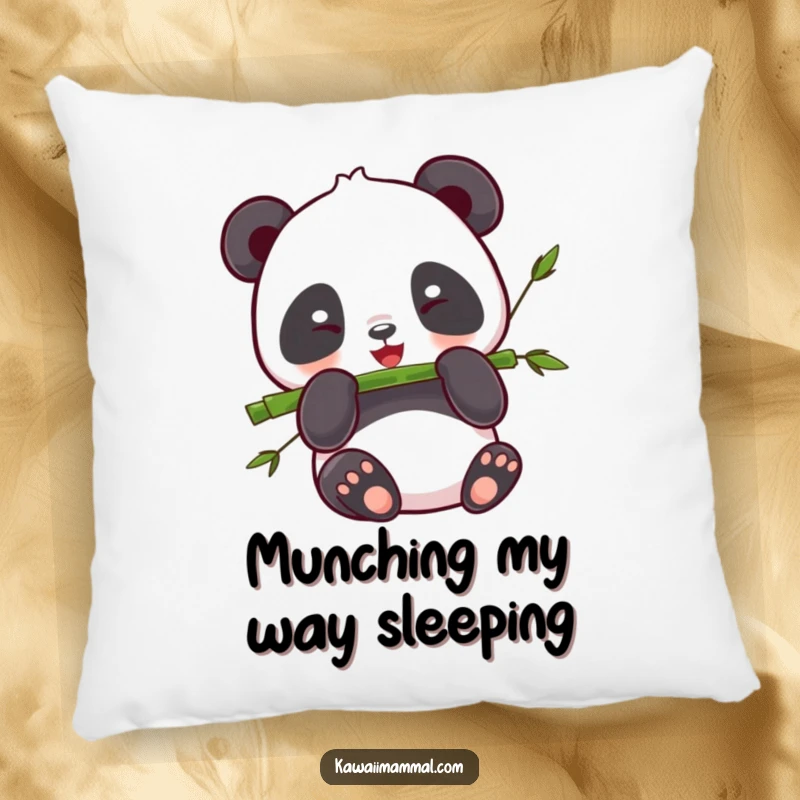 Funny Panda Pillow: Soft kawaii panda happily munching bamboo, offering humorous comfort and adorable charm.