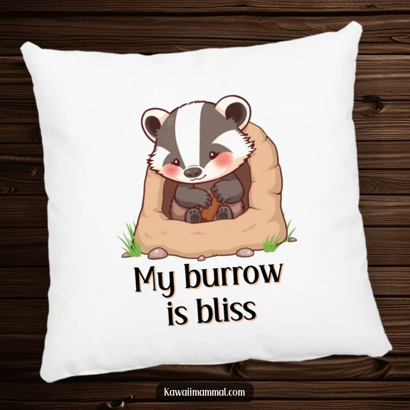 Funny decorative pillow showing a determined badger character diligently building a snug and comfortable burrow.