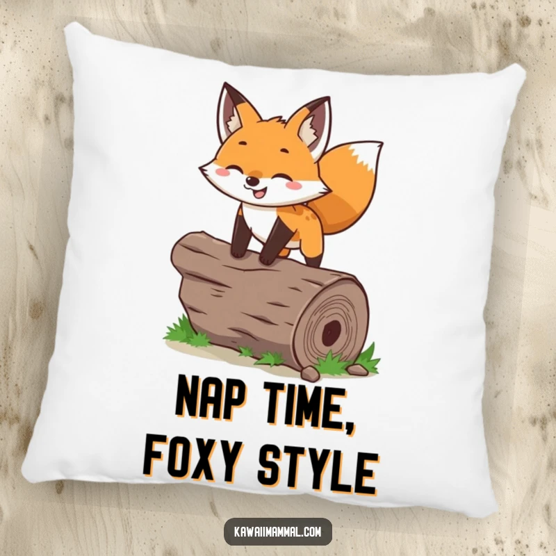 Funny fox pillow with a detailed illustration of a joyful character leaping over a log, adding comfort and humor.