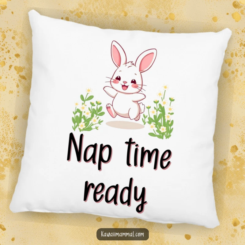 Funny pillow design showcasing a cute bunny in a dynamic hopping pose amidst lush green clover.