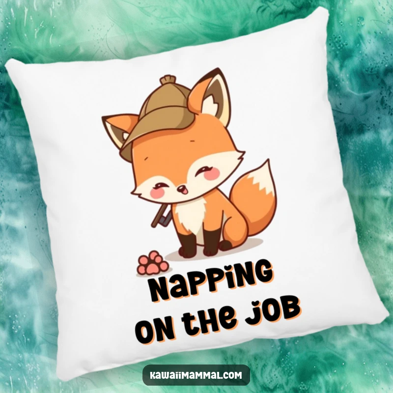 Funny fox detective with a hat sniffing a paw print, designed on a soft pillow for cozy, humorous decor.