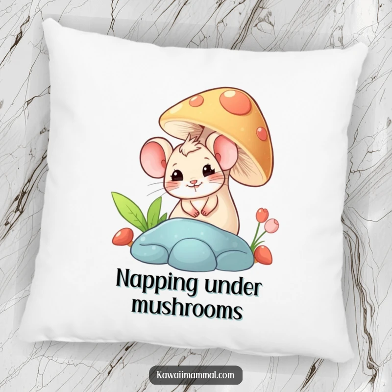 Funny pillow featuring a giggling mouse peeking from behind a mushroom, offering a soft and humorous decorative touch.