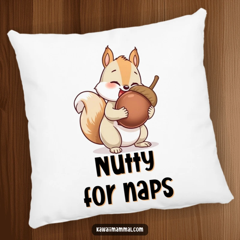 Funny Squirrel Pillow showcasing a giggling squirrel character collecting an impossibly large acorn, adding softness and a touch of humor.