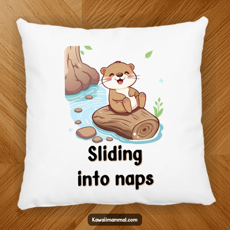 Funny pillow featuring a playful otter sliding down a log, offering comfort and a dose of cheerful humor.