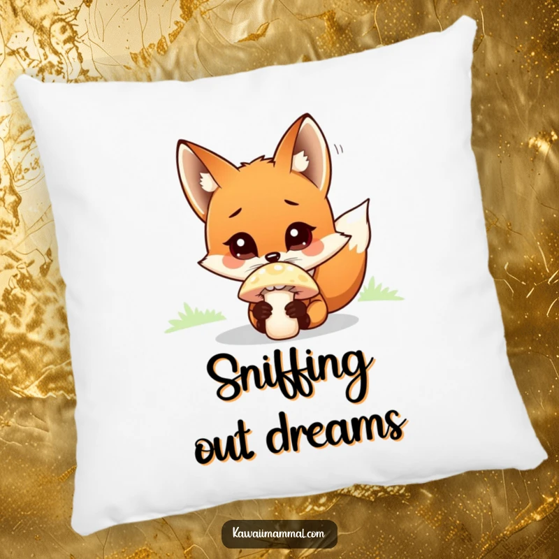 Cute and funny fox character, wide-eyed and curious, sniffing a mushroom, on a soft and humorous pillow.