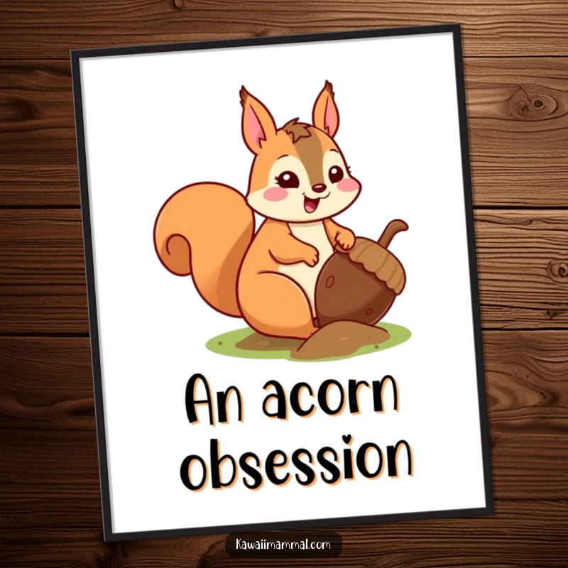 Funny kawaii squirrel with wide eyes, burying an oversized acorn, a digital art piece full of character.