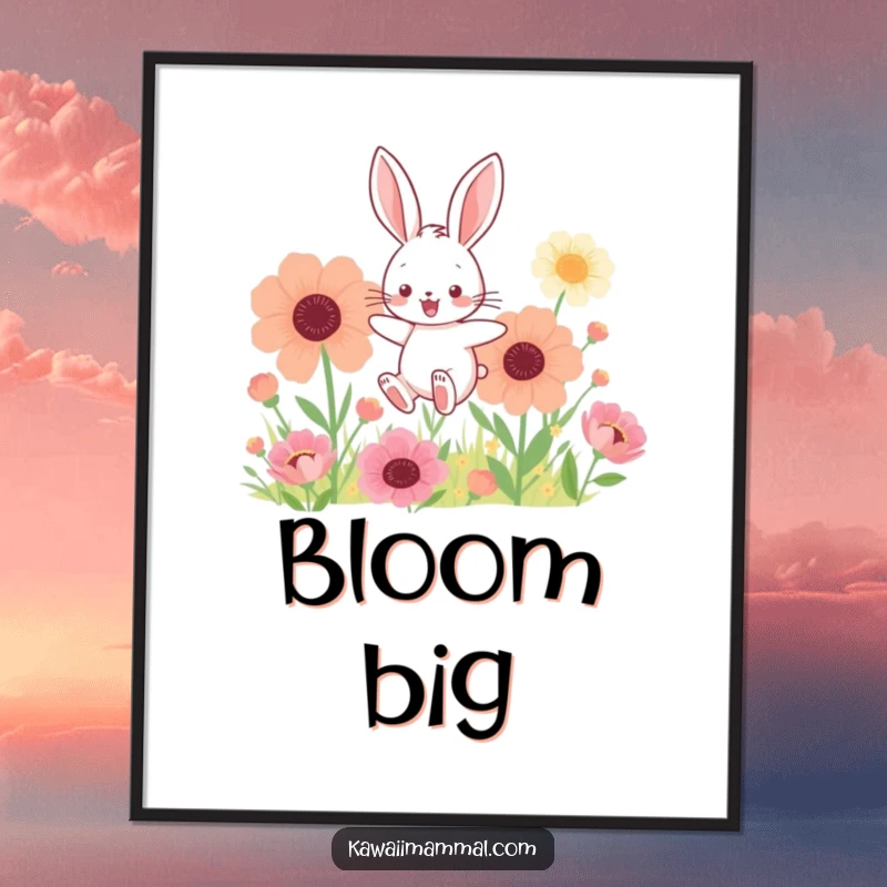 Funny digital art print of a kawaii bunny joyfully hopping through giant flowers, offering instant garden-themed decor.