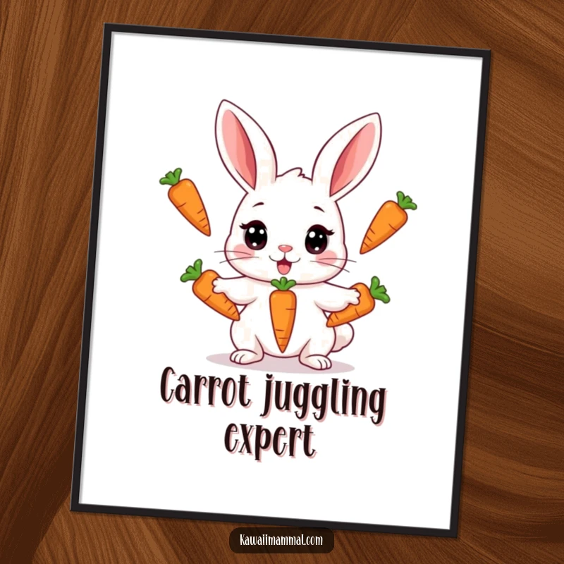 Funny digital art print of a Kawaii rabbit with wide eyes juggling three carrots simultaneously, perfect for instant whimsical and humorous wall decor.