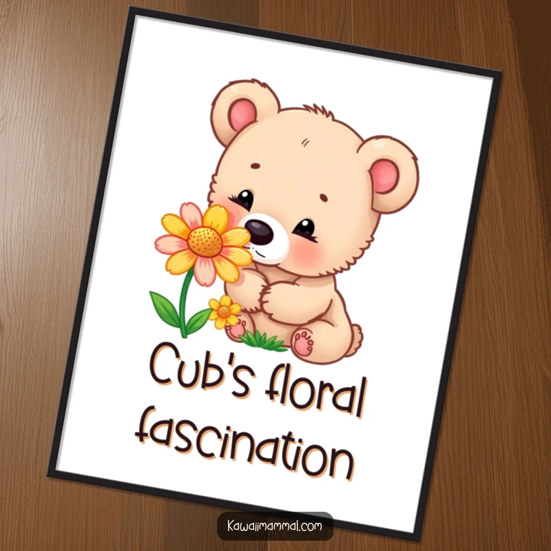 Funny digital art print of a curious bear cub sniffing a colorful flower, ready to add innocent charm and humor to any digital display.