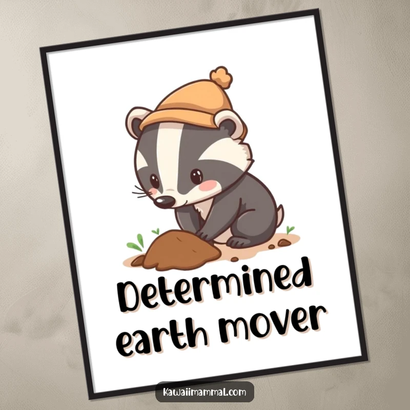 Funny digital art print of a curious badger in a tiny hat digging with intense determination, capturing pure focus and humorous exploration.