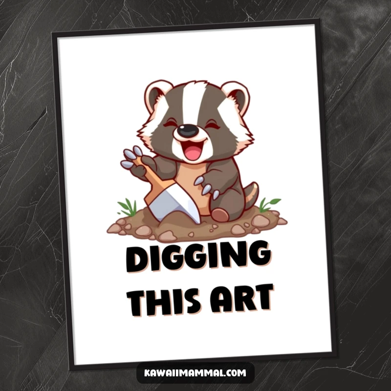 Funny Badger Digital Art Print of a delighted badger character happily digging with oversized claws, rustic and humorous wall art for any room.