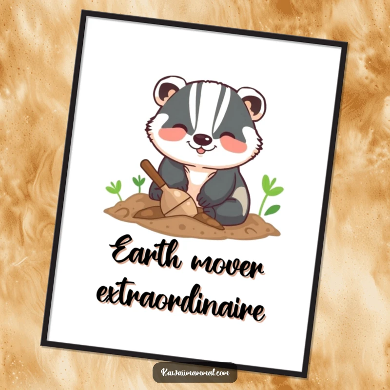 Funny digital art print of a smiling badger digging with great energy, ready to add humor to any digital display or printed wall.