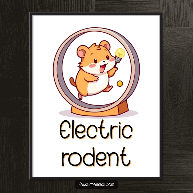 Funny digital art print of a happy hamster enthusiastically running on a wheel, powering a glowing light bulb, for decor.