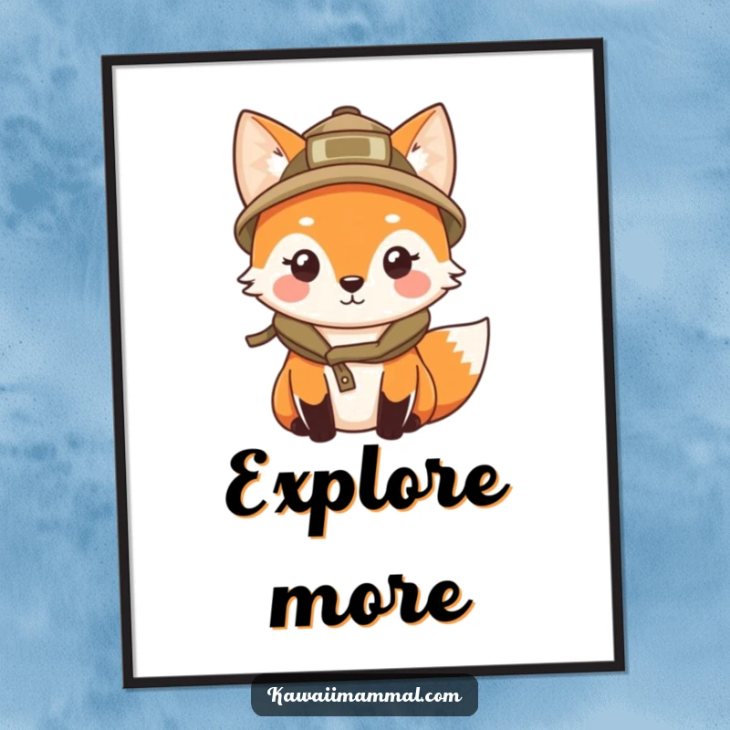 Funny digital art print of a kawaii fox in an explorer hat, curiously peering, offering instant adventurous decor.