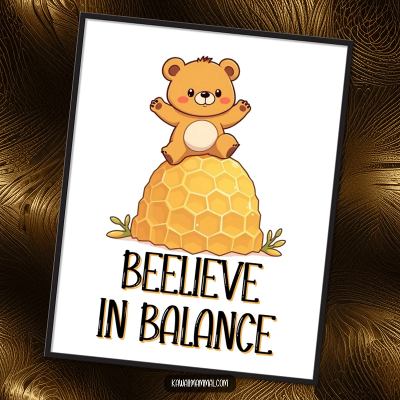 Funny digital art print of a determined bear character humorously balancing on a giant honeycomb, ready to add cheer.