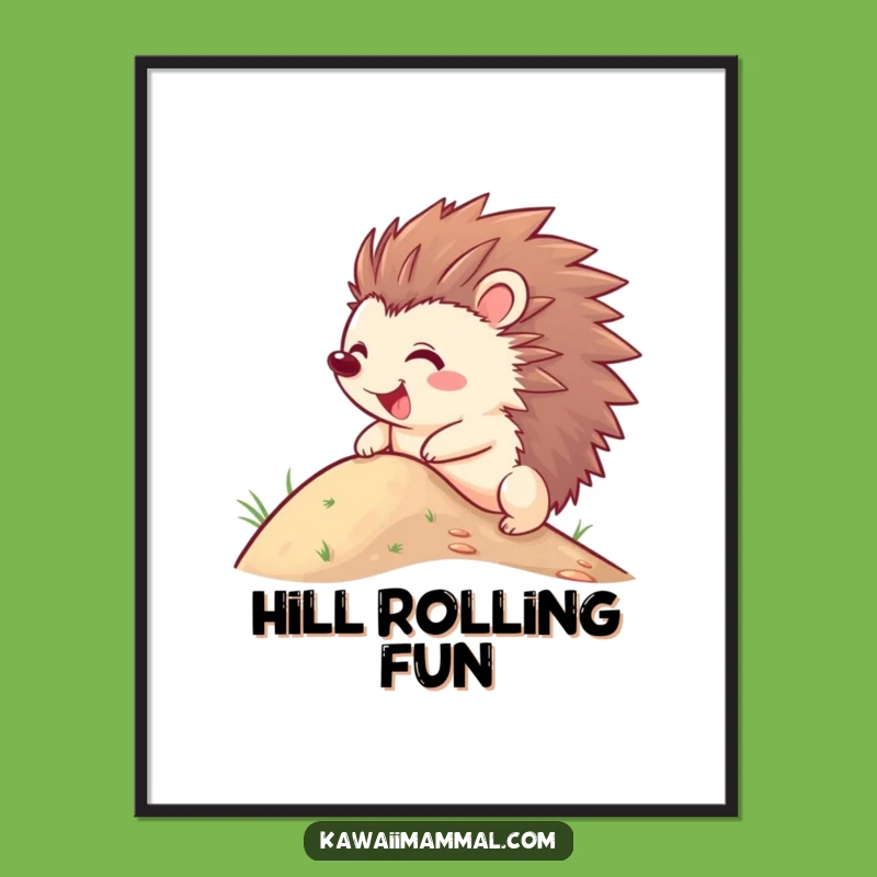 Funny Hedgehog Digital Art Print - Joyful Quills Roll Down Hill, Hilarious Decor