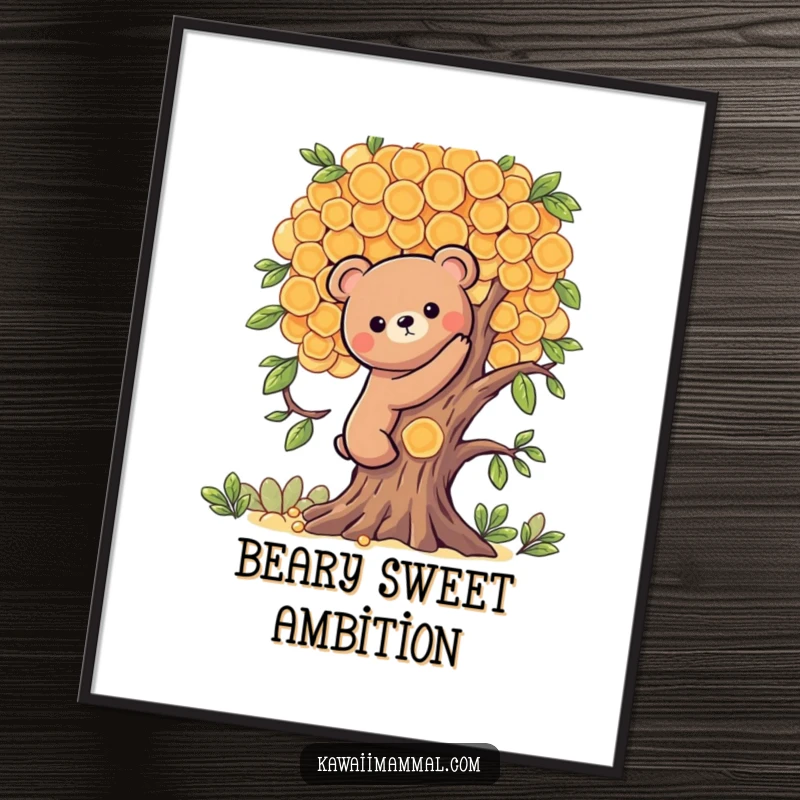Funny digital art print of a Kawaii bear character climbing a honeycomb tree, perfect for instant sweet and humorous wall decor.