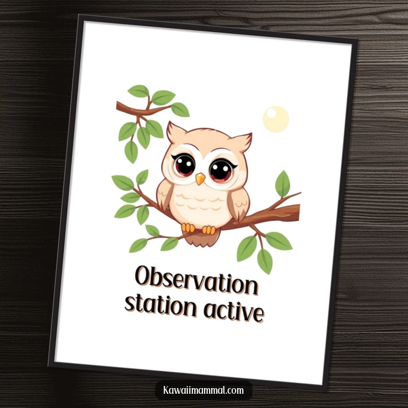 Funny kawaii owl digital art print of a character observing with wide eyes, bringing whimsical and humorous vibes digitally.